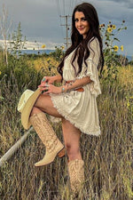 PinkBlush Beige Raw Edge Bell Sleeve Babydoll Dress