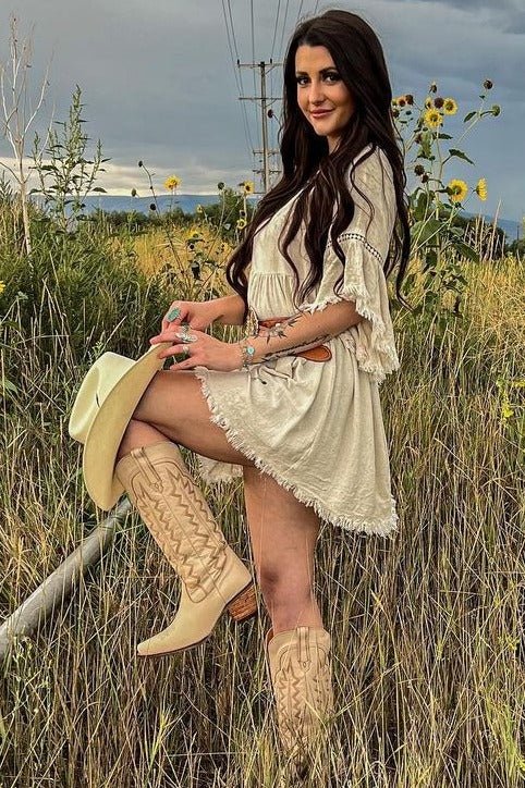 PinkBlush Beige Raw Edge Bell Sleeve Babydoll Dress