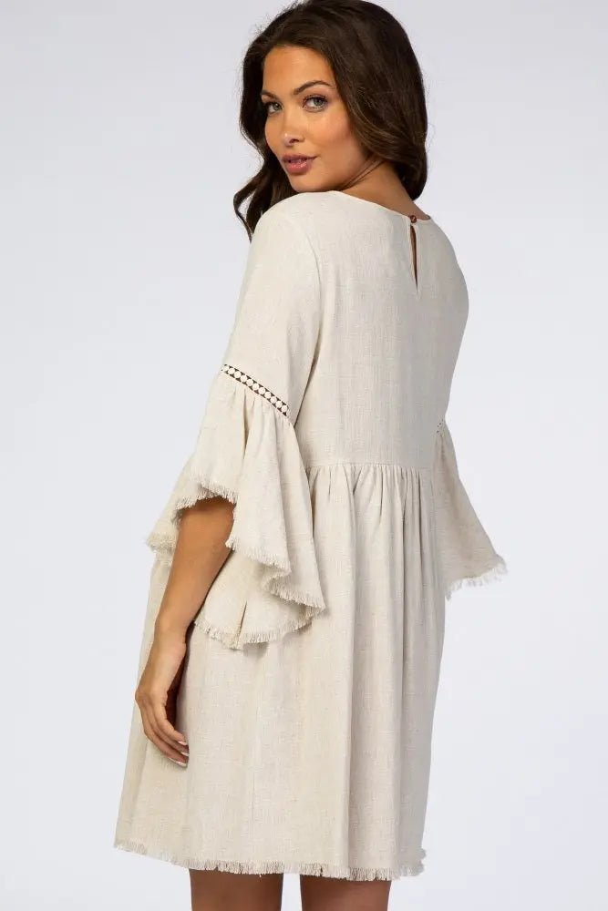 PinkBlush Beige Raw Edge Bell Sleeve Babydoll Maternity Dress - 