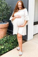 PinkBlush Beige Raw Edge Bell Sleeve Babydoll Maternity Dress - 