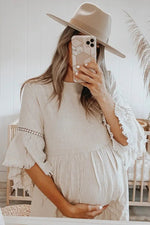 PinkBlush Beige Raw Edge Bell Sleeve Babydoll Maternity Dress - 