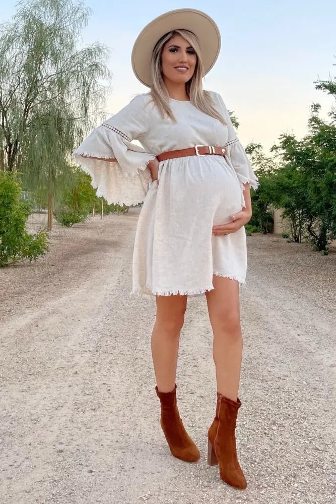 PinkBlush Beige Raw Edge Bell Sleeve Babydoll Maternity Dress - 