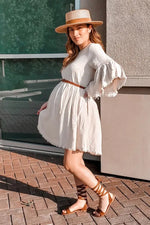 PinkBlush Beige Raw Edge Bell Sleeve Babydoll Maternity Dress - 