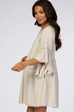 PinkBlush Beige Raw Edge Bell Sleeve Babydoll Maternity Dress - 