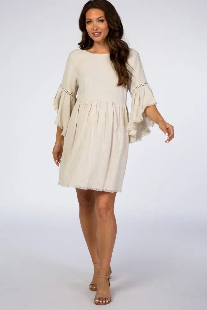 PinkBlush Beige Raw Edge Bell Sleeve Babydoll Maternity Dress - 