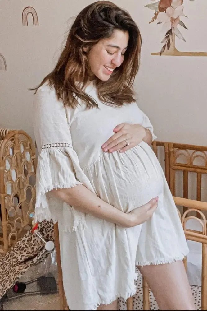PinkBlush Beige Raw Edge Bell Sleeve Babydoll Maternity Dress - 