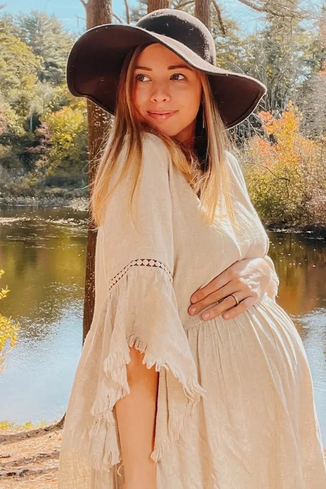 PinkBlush Beige Raw Edge Bell Sleeve Babydoll Maternity Dress - 