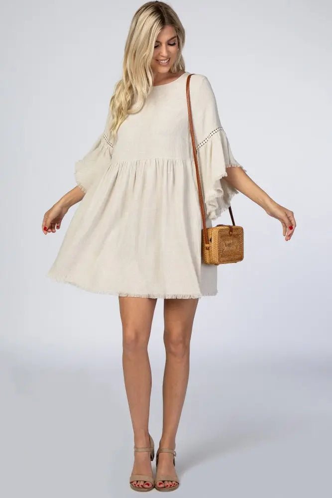 PinkBlush Beige Raw Edge Bell Sleeve Babydoll Maternity Dress - 