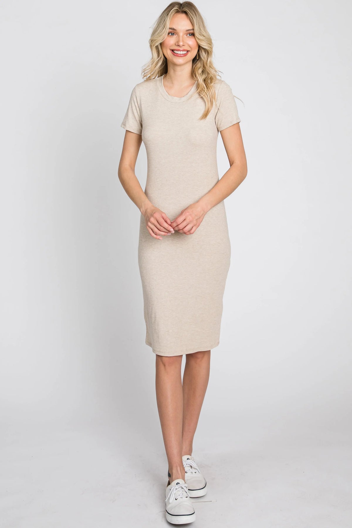 PinkBlush Beige Ribbed Fitted Dress - 