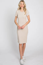 PinkBlush Beige Ribbed Fitted Dress - 