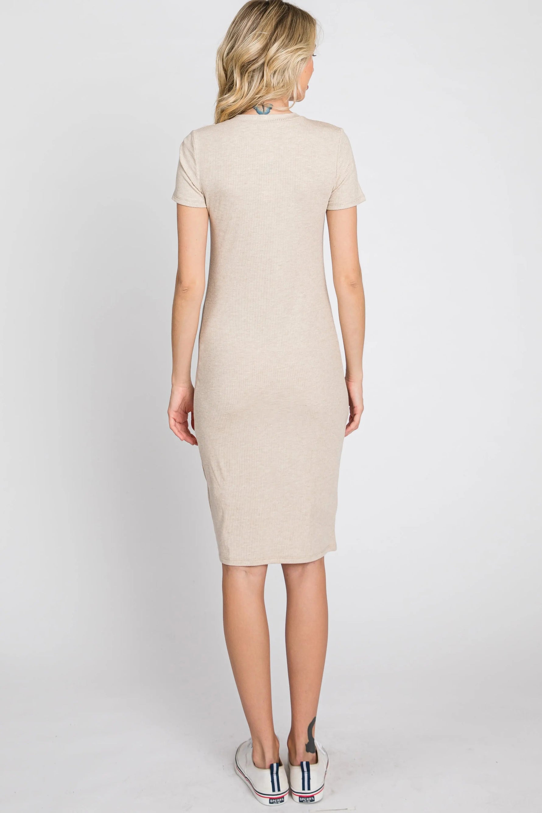 PinkBlush Beige Ribbed Fitted Dress - 
