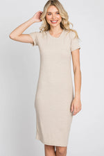 PinkBlush Beige Ribbed Fitted Dress - 