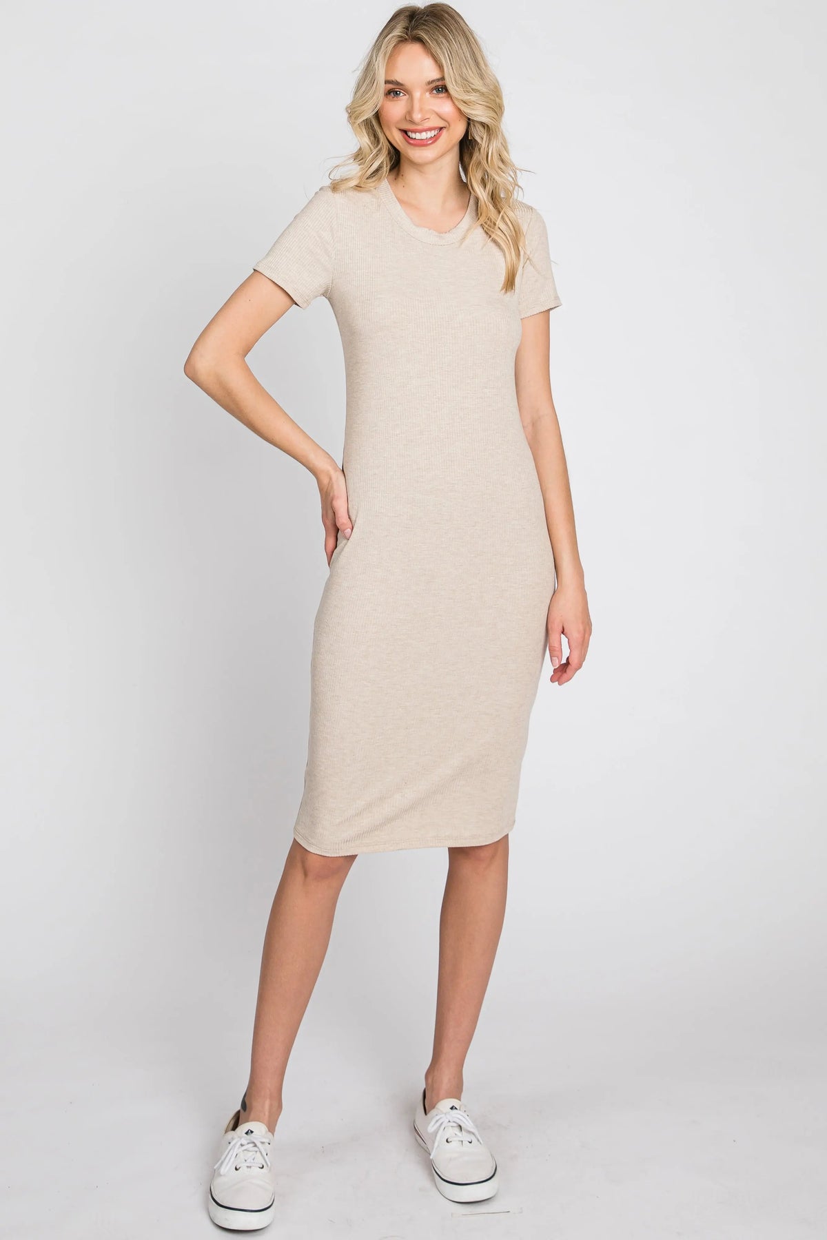 PinkBlush Beige Ribbed Fitted Dress - 