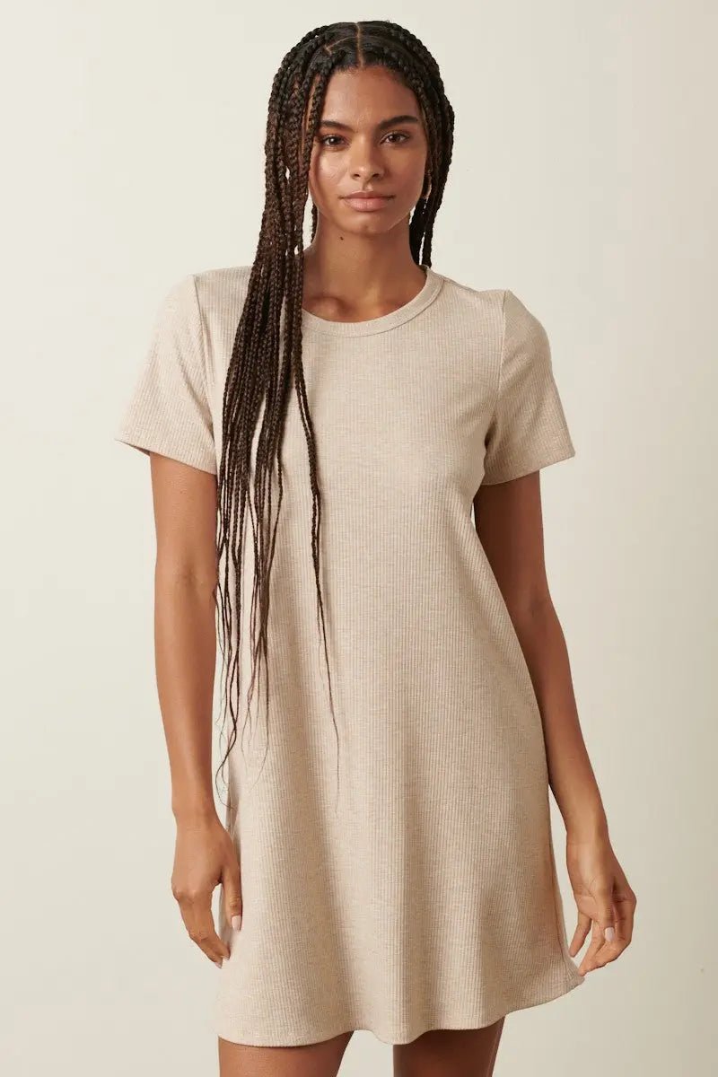 PinkBlush Beige Ribbed Knit Basic Short Sleeve T-Shirt Dress - 