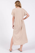 PinkBlush Beige Ribbed Short Sleeve Midi Dress - 