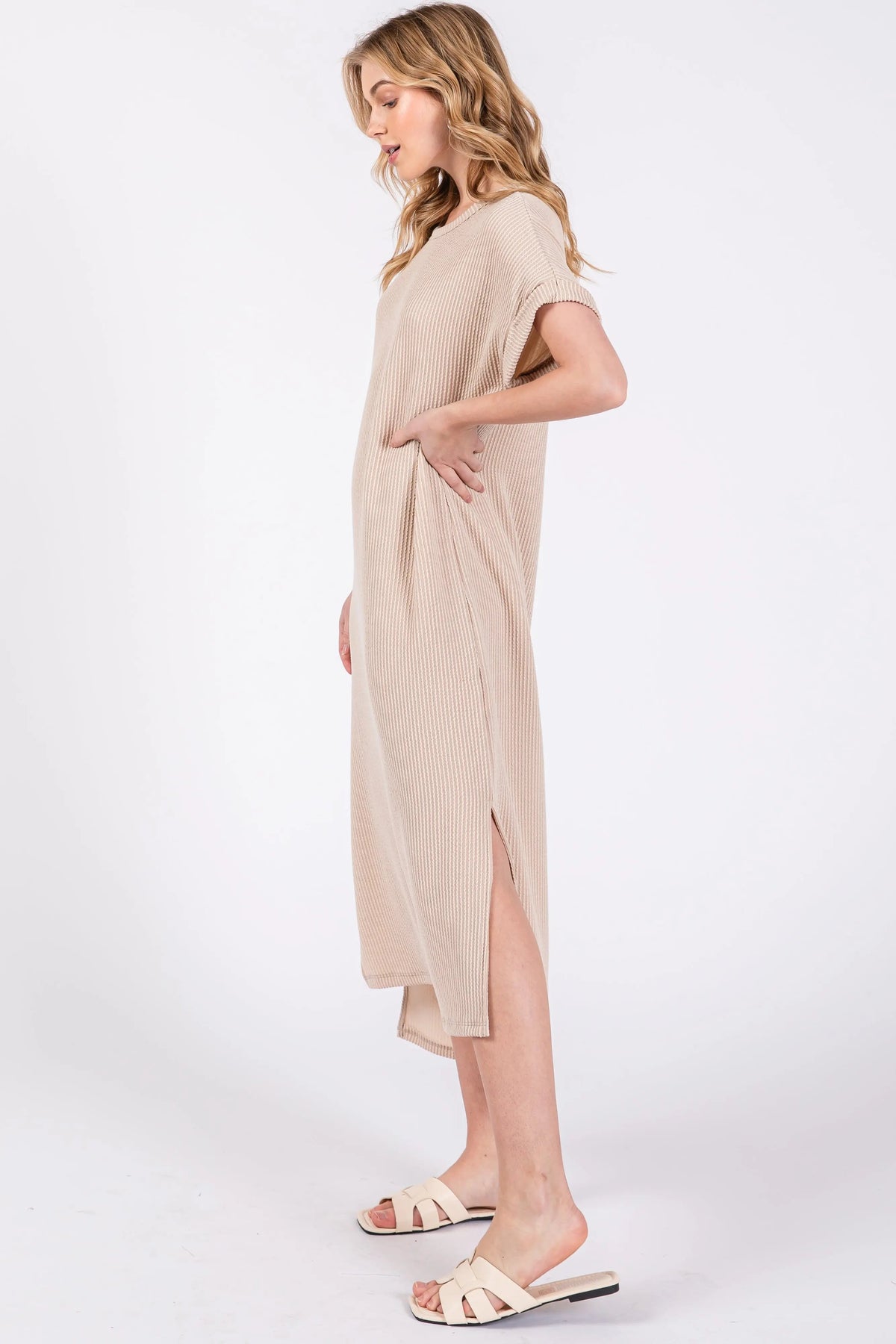 PinkBlush Beige Ribbed Short Sleeve Midi Dress - 