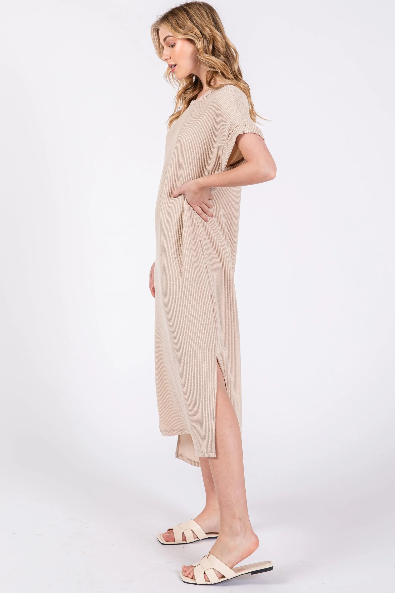 PinkBlush Beige Ribbed Short Sleeve Midi Dress - 