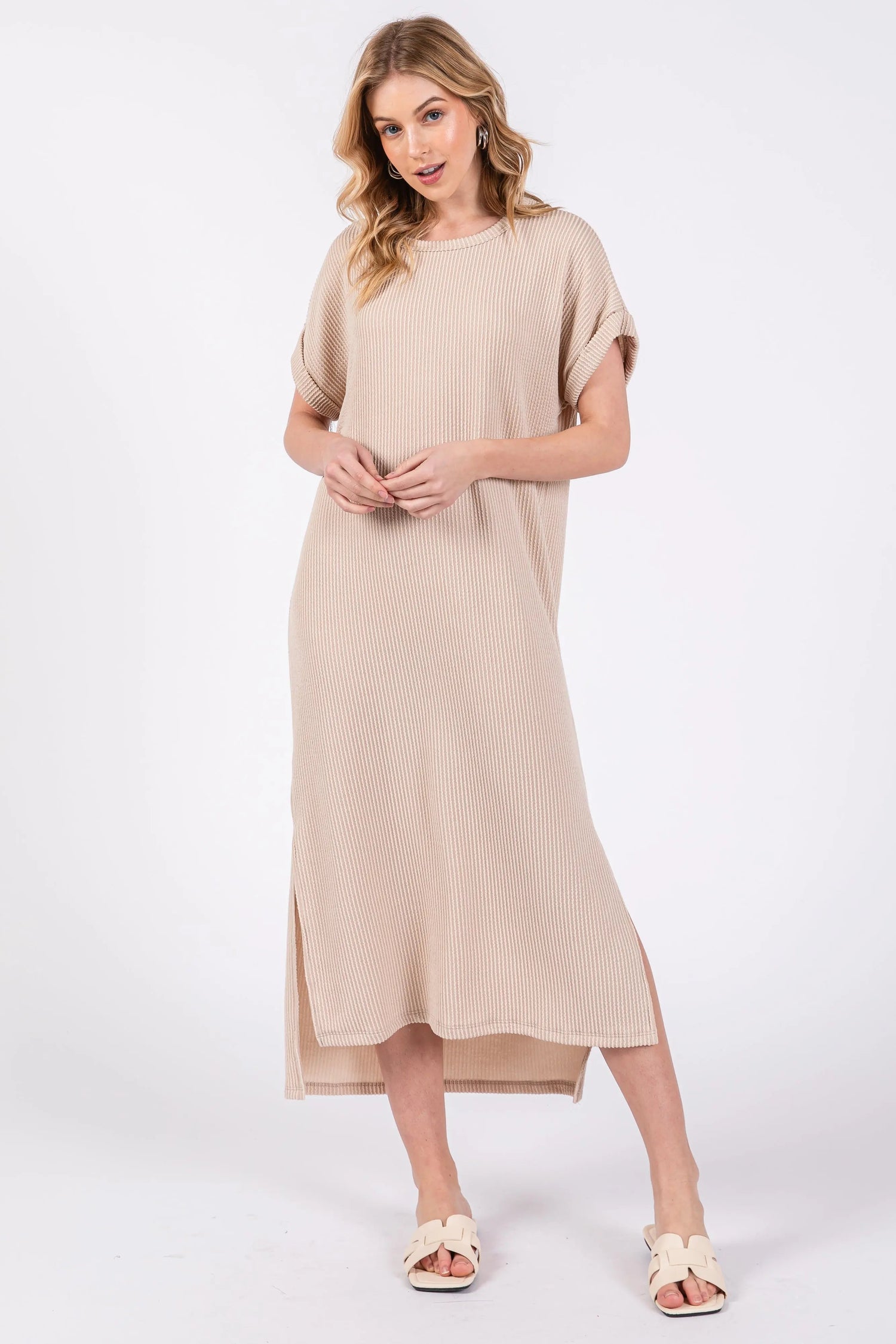 Beige Ribbed Short Sleeve Midi Dress - Neck, Dress, One-piece garment, Waist, Blond | Everetts Place