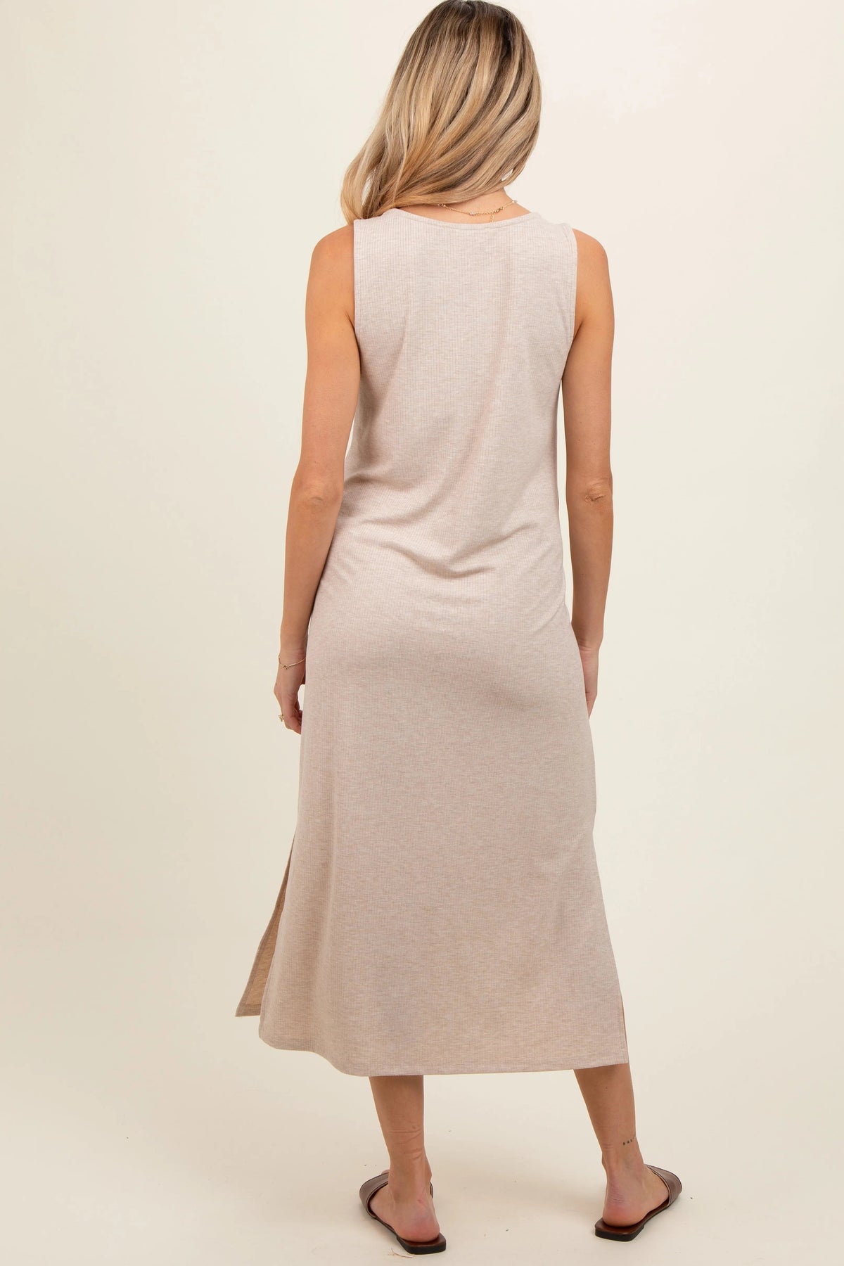 PinkBlush Beige Ribbed Sleeveless Maternity Midi Dress - 