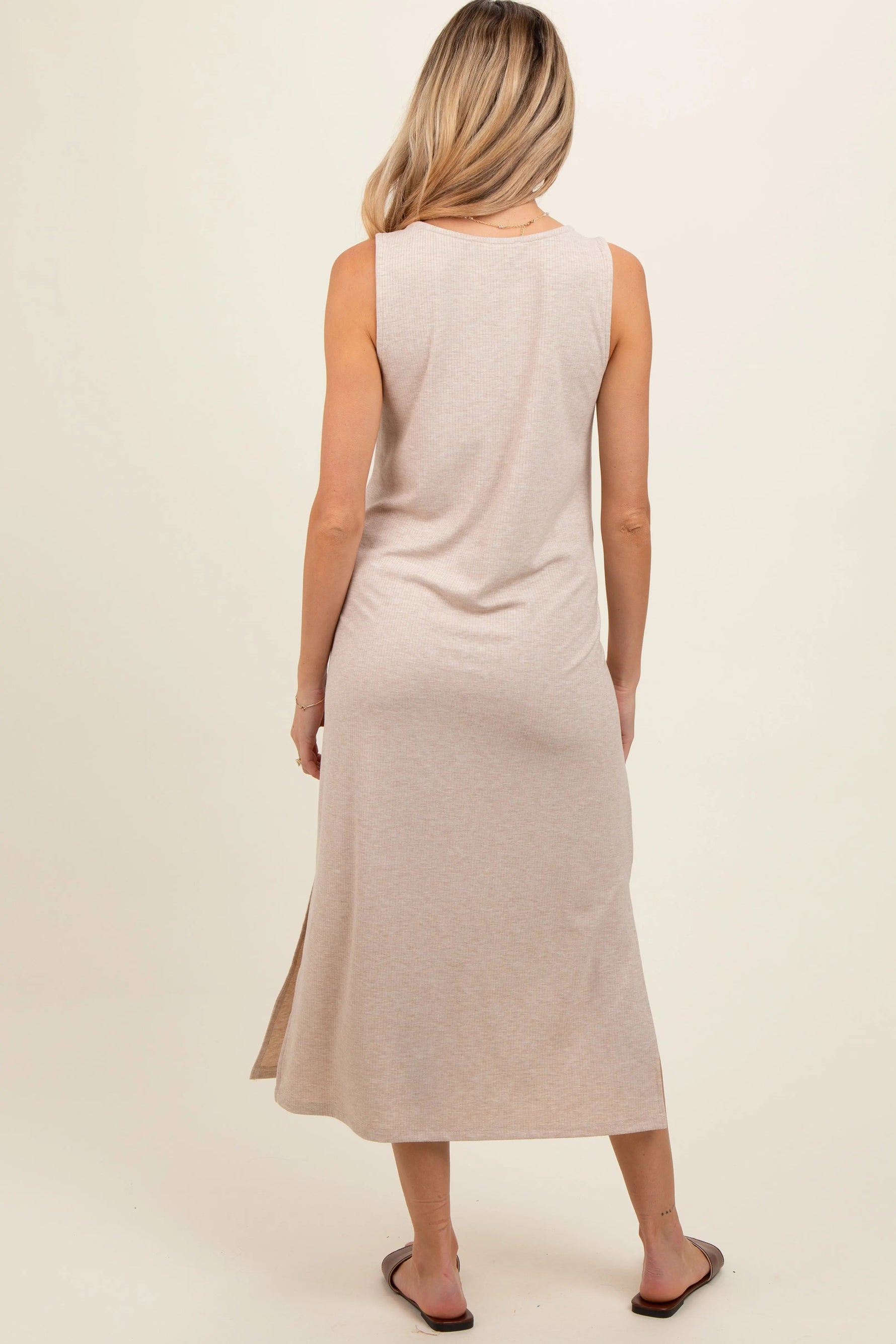 PinkBlush Beige Ribbed Sleeveless Maternity Midi Dress - 