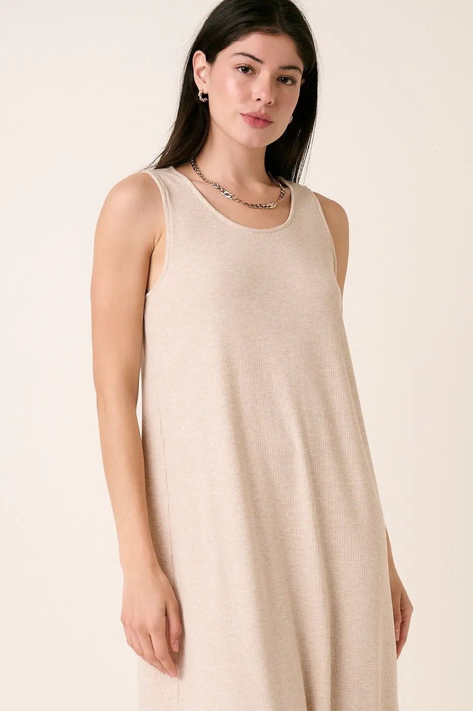 PinkBlush Beige Ribbed Sleeveless Midi Dress - 
