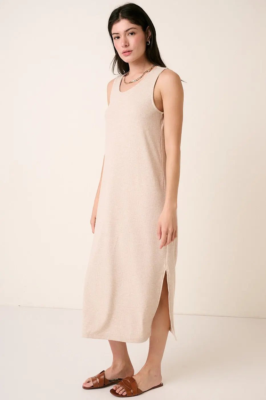 PinkBlush Beige Ribbed Sleeveless Midi Dress - 