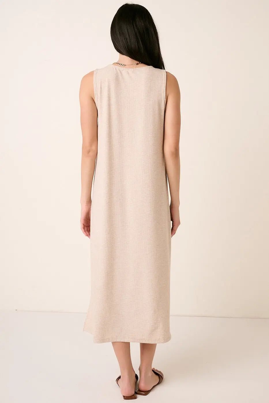 PinkBlush Beige Ribbed Sleeveless Midi Dress - 