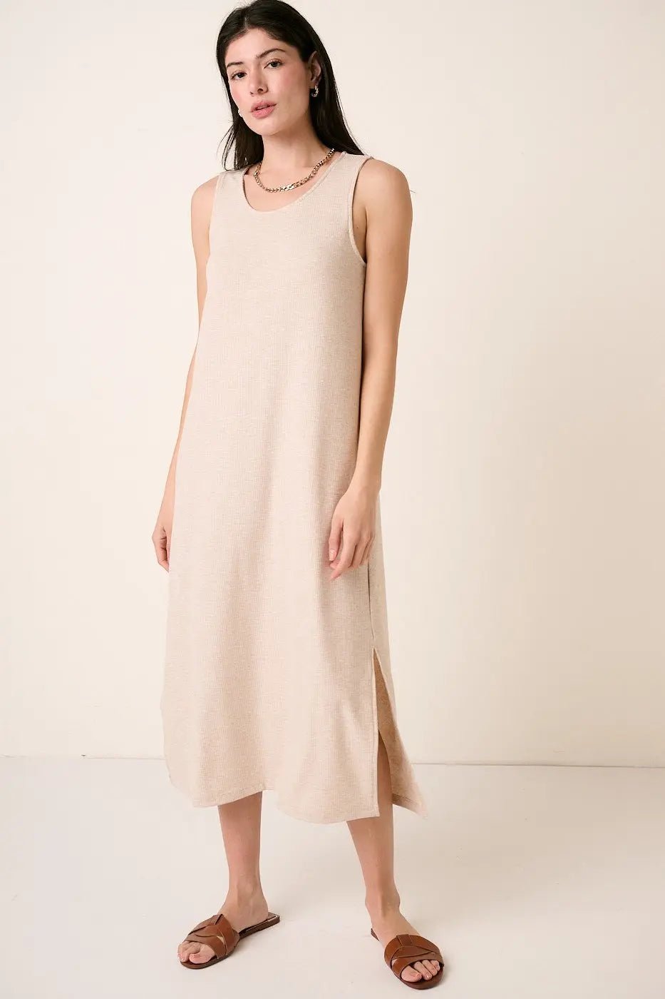 PinkBlush Beige Ribbed Sleeveless Midi Dress - 