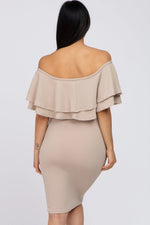 PinkBlush Beige Ruffle Off Shoulder Ruched Maternity Dress - 