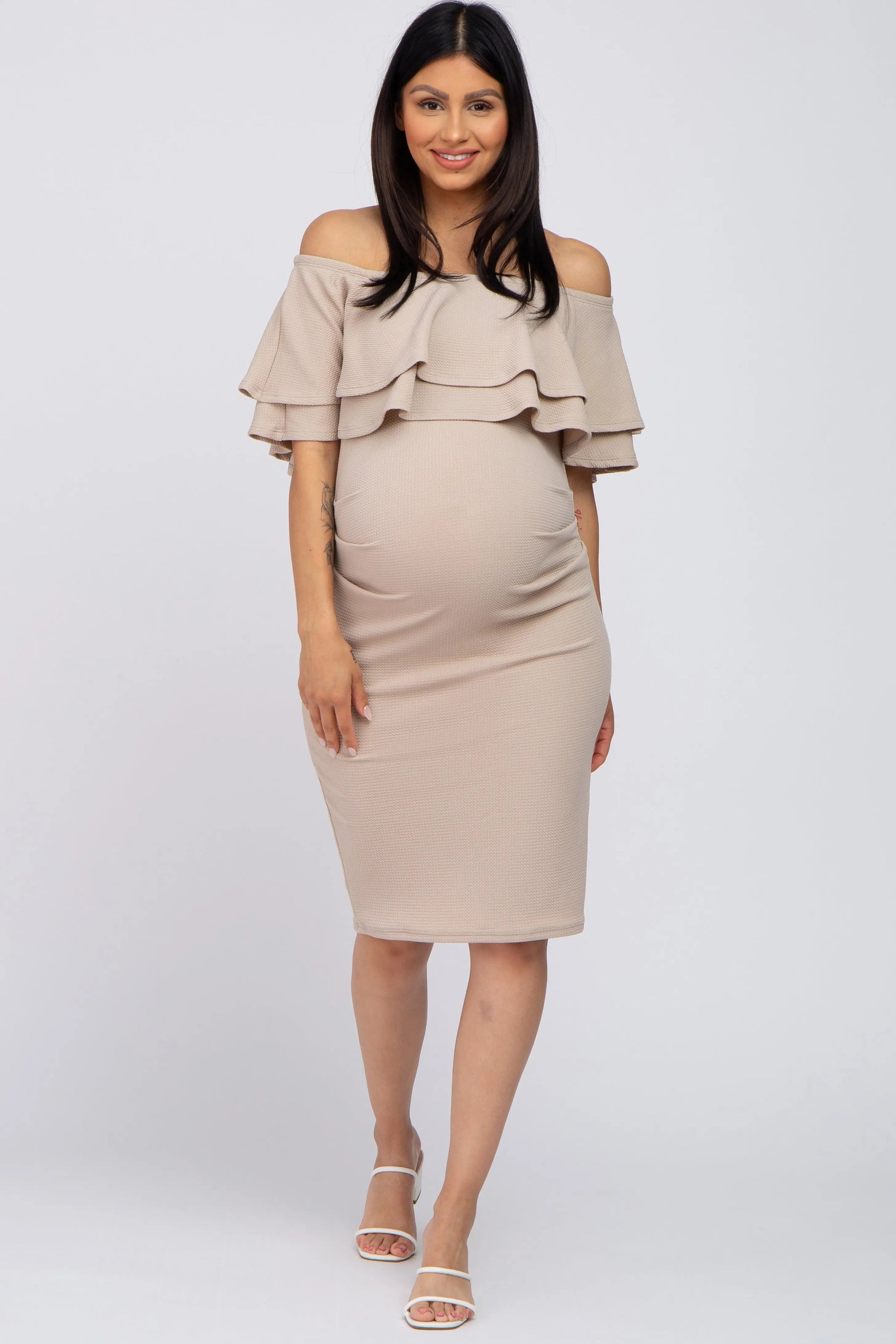 Beige Ruffle Off Shoulder Ruched Maternity Dress - Dress, Fashion, Cocktail dress, Day Dress, One-piece garment | Everetts Place