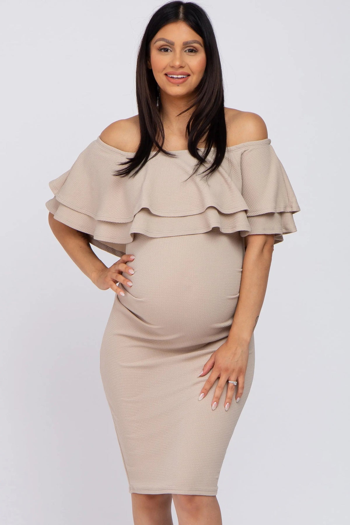 PinkBlush Beige Ruffle Off Shoulder Ruched Maternity Dress - 