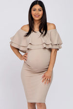 PinkBlush Beige Ruffle Off Shoulder Ruched Maternity Dress - 