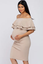PinkBlush Beige Ruffle Off Shoulder Ruched Maternity Dress - 
