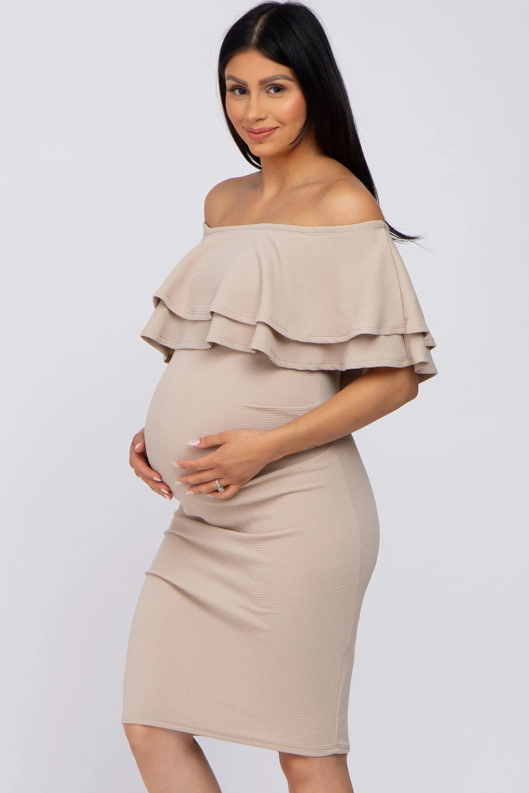 PinkBlush Beige Ruffle Off Shoulder Ruched Maternity Dress - 
