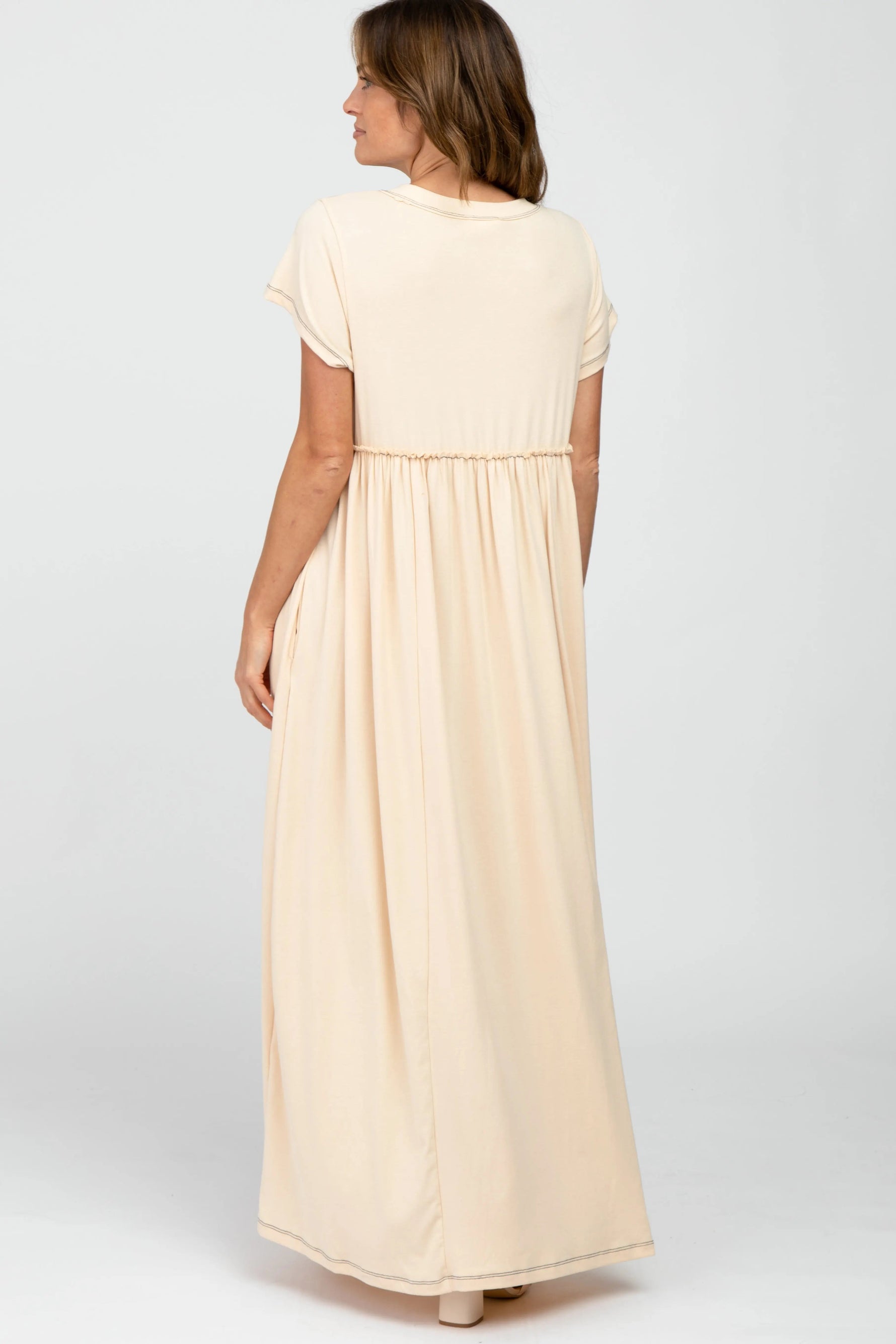 PinkBlush Beige Short Sleeve Babydoll Maxi Dress - 