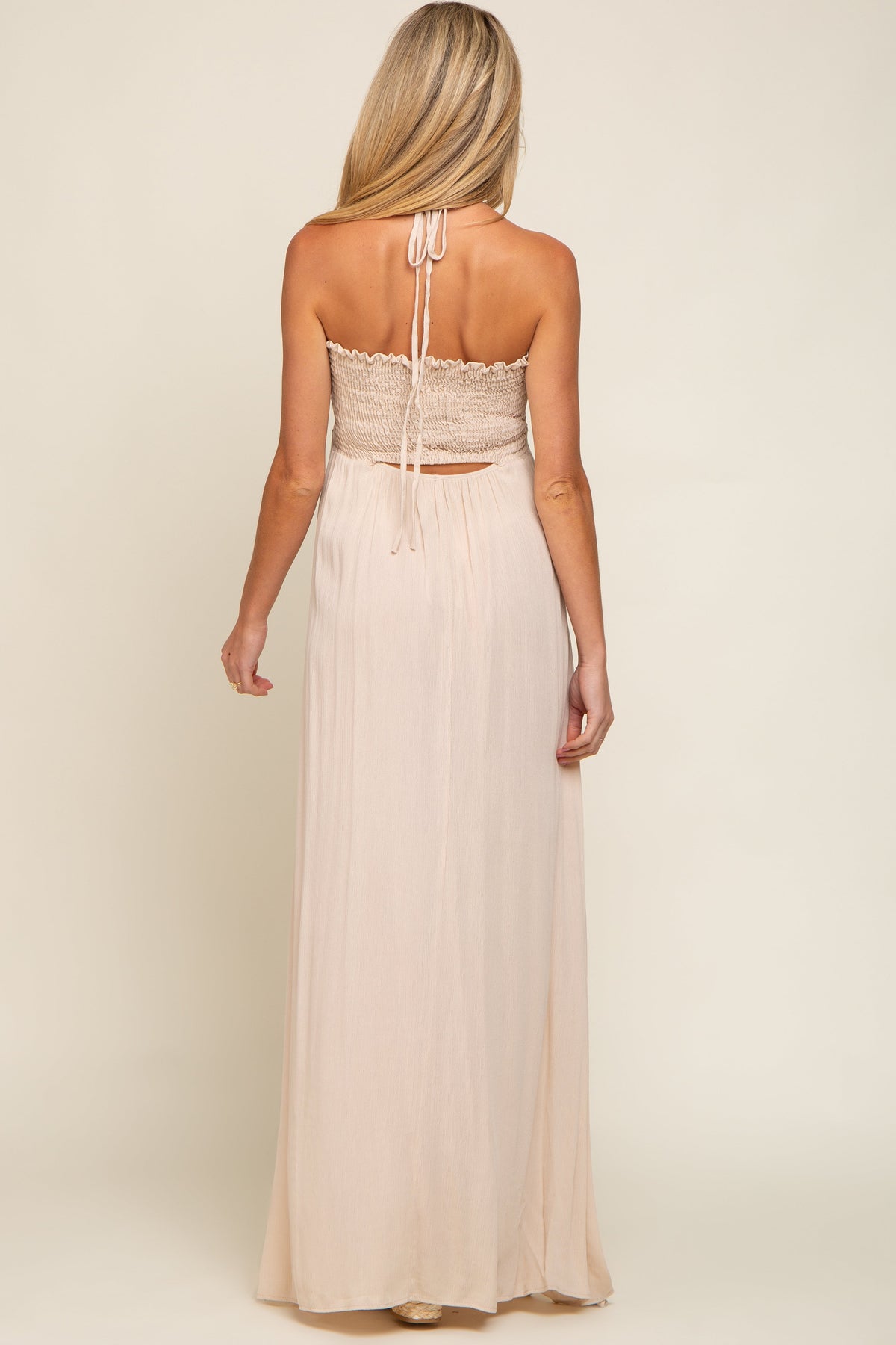 PinkBlush Beige Smocked Halter Maternity Maxi Dress