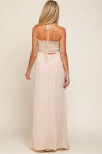 PinkBlush Beige Smocked Halter Maternity Maxi Dress