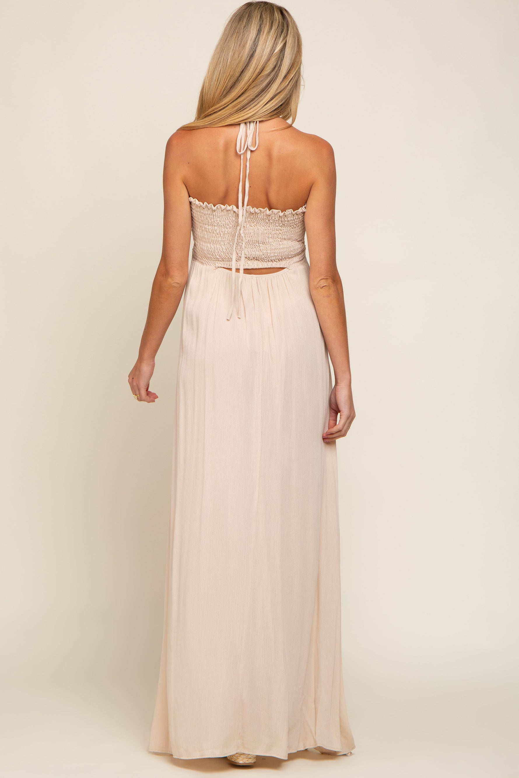 PinkBlush Beige Smocked Halter Maternity Maxi Dress