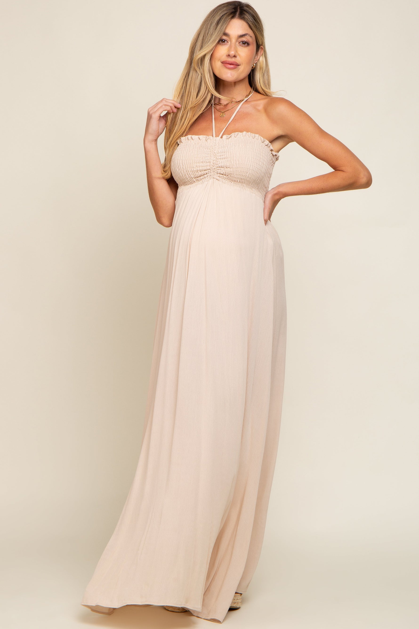 PinkBlush Beige Smocked Halter Maternity Maxi Dress