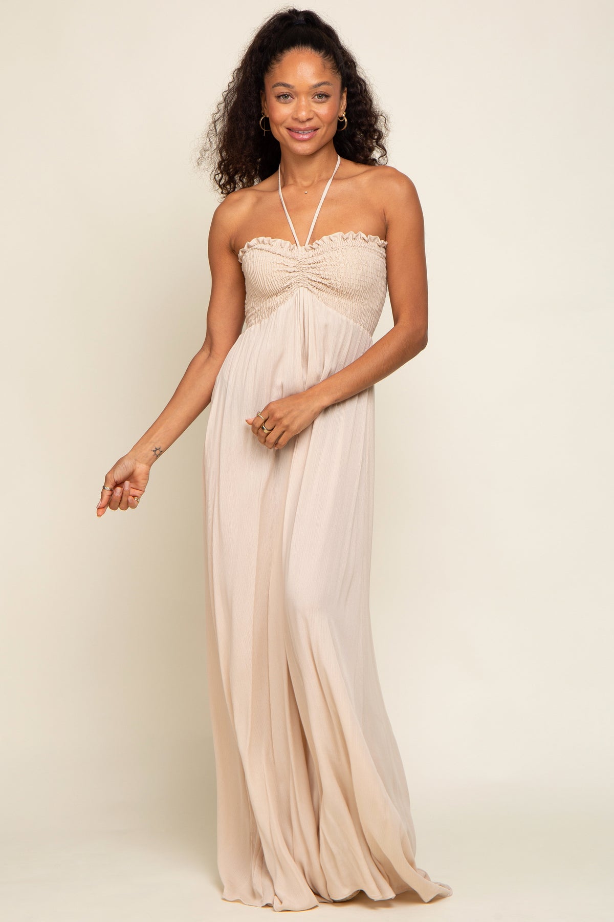 PinkBlush Beige Smocked Halter Maxi Dress