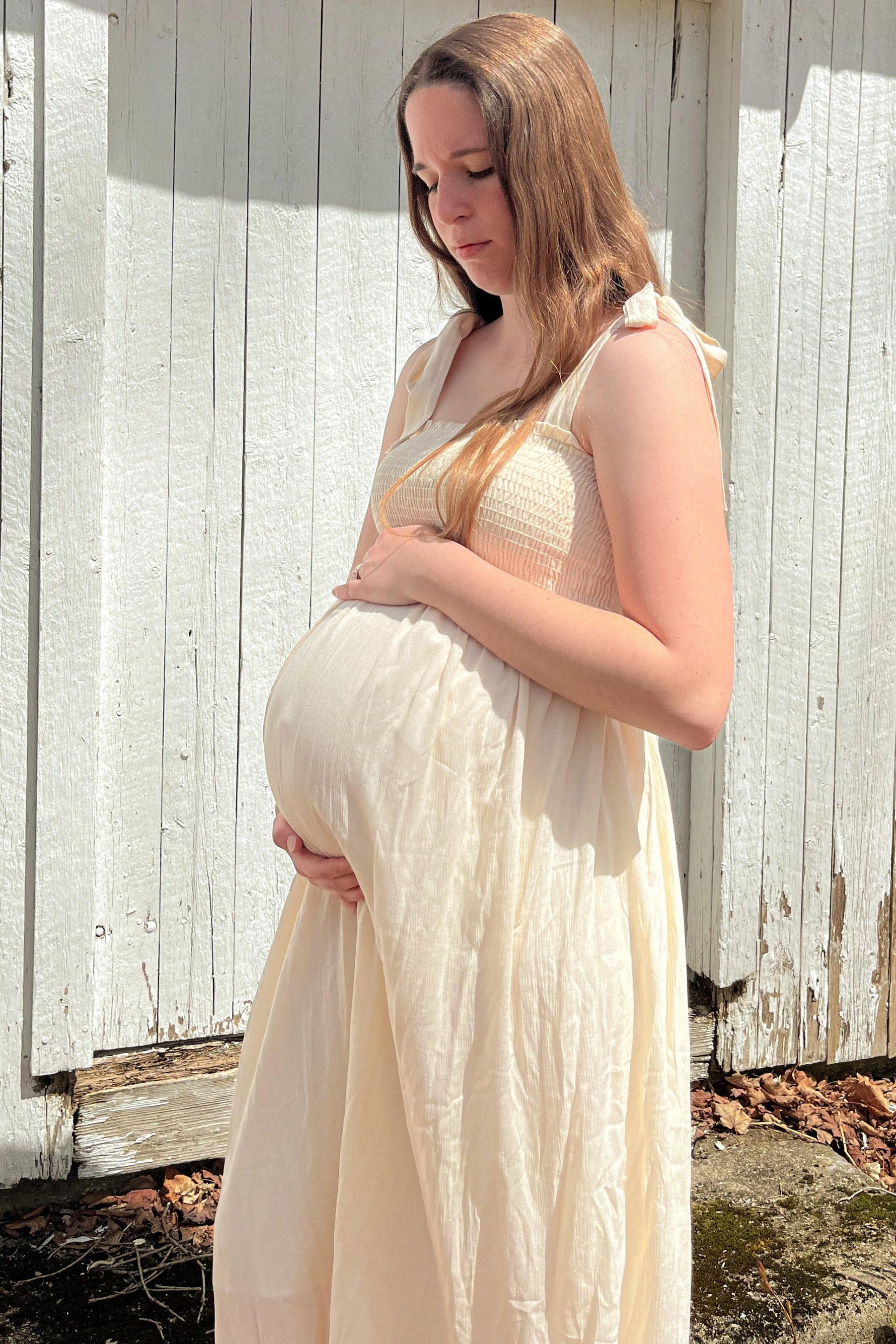 PinkBlush Beige Smocked Tie Strap Maternity Midi DressEveretts Place