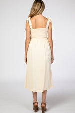 PinkBlush Beige Smocked Tie Strap Maternity Midi DressEveretts Place