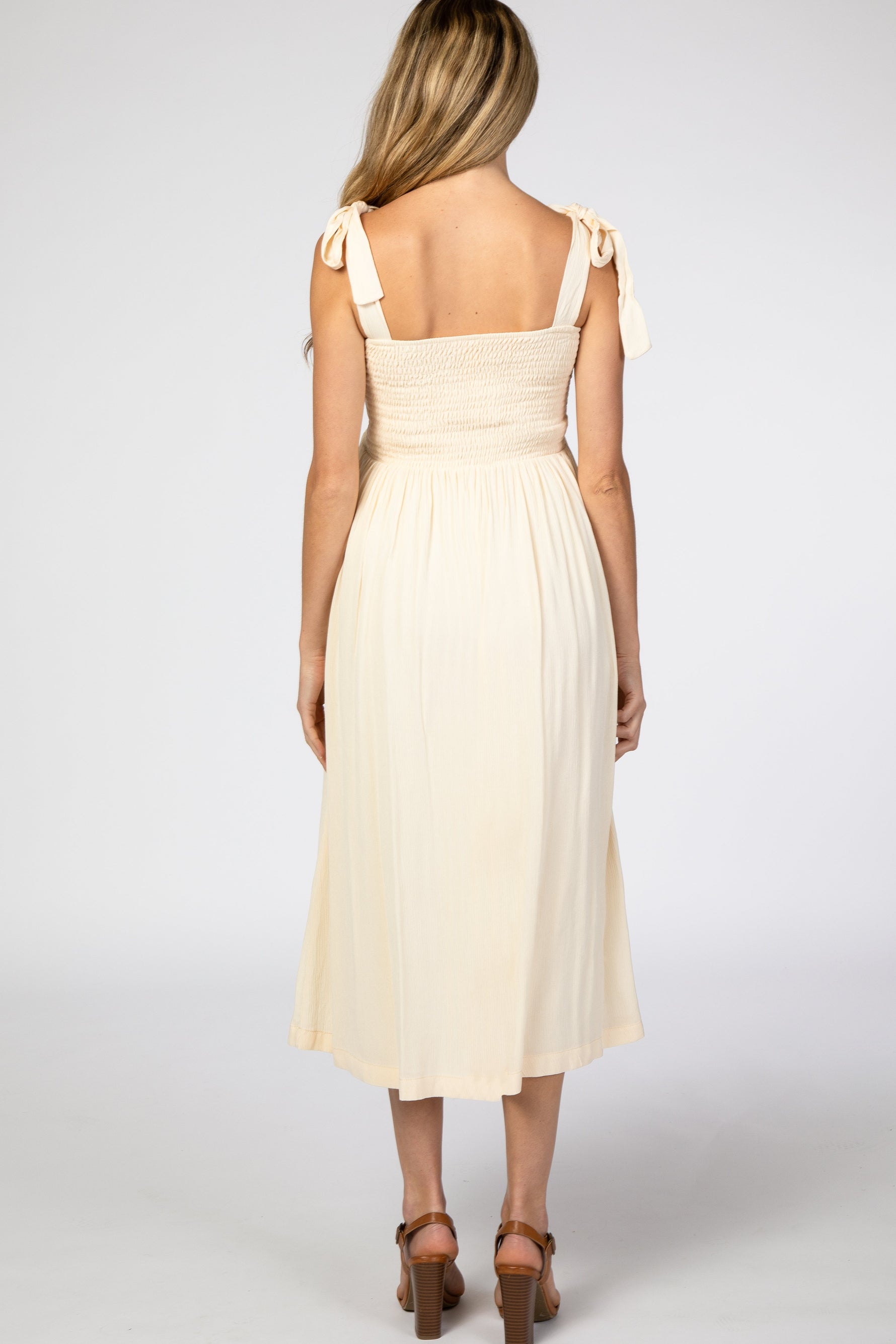 PinkBlush Beige Smocked Tie Strap Maternity Midi DressEveretts Place