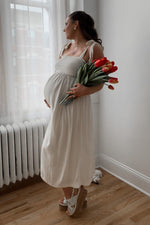PinkBlush Beige Smocked Tie Strap Maternity Midi DressEveretts Place