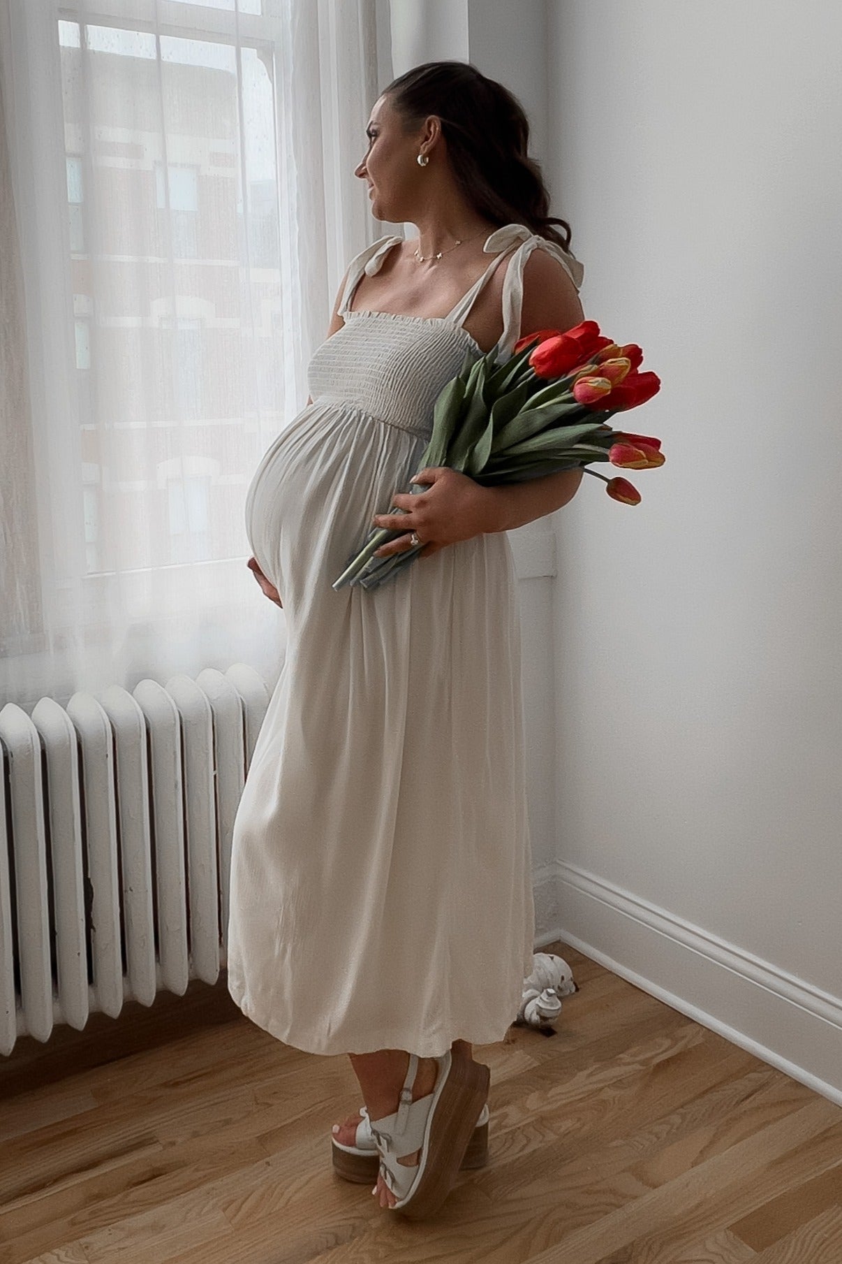 PinkBlush Beige Smocked Tie Strap Maternity Midi DressEveretts Place