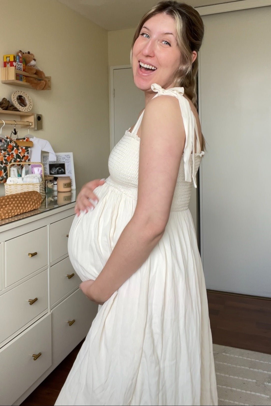 PinkBlush Beige Smocked Tie Strap Maternity Midi DressEveretts Place