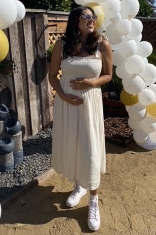 PinkBlush Beige Smocked Tie Strap Maternity Midi DressEveretts Place