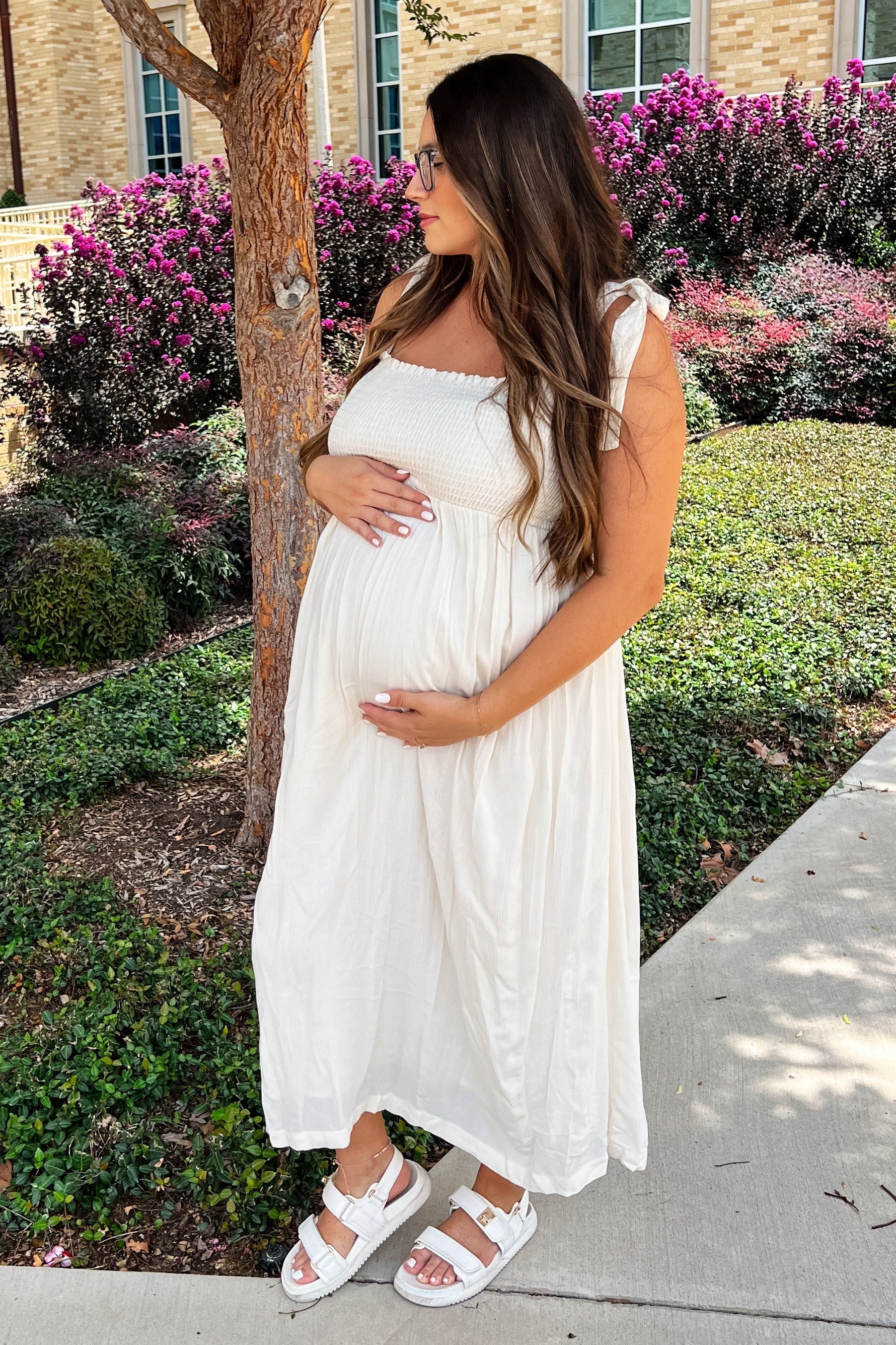 PinkBlush Beige Smocked Tie Strap Maternity Midi DressEveretts Place