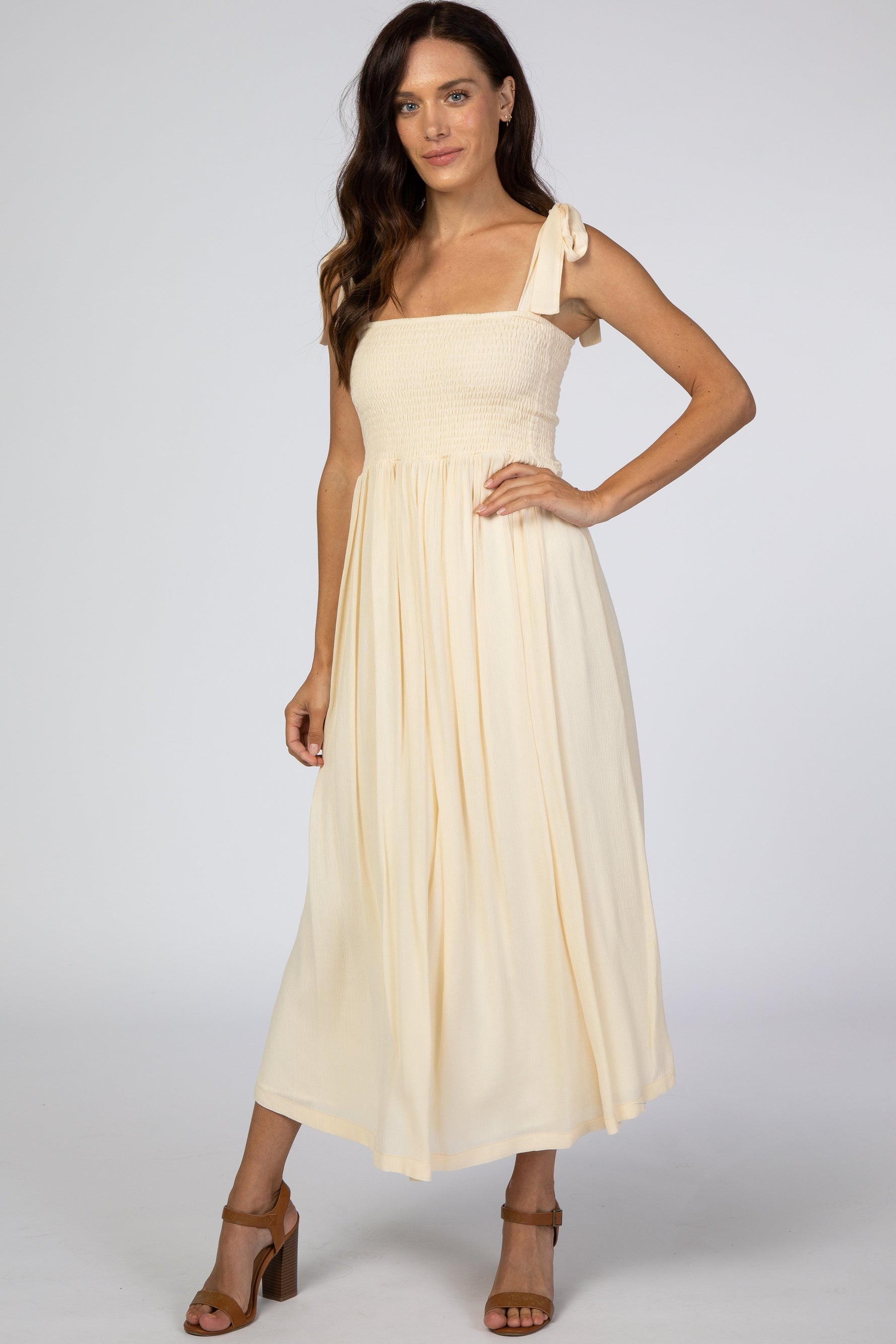 PinkBlush Beige Smocked Tie Strap Midi DressEveretts Place