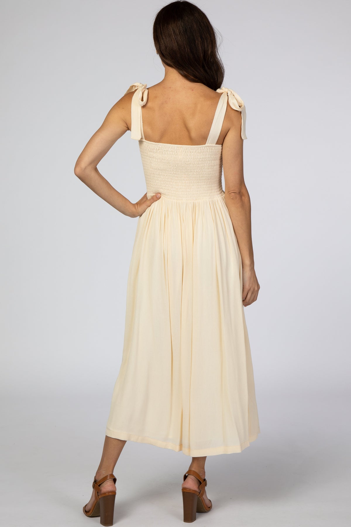 PinkBlush Beige Smocked Tie Strap Midi DressEveretts Place